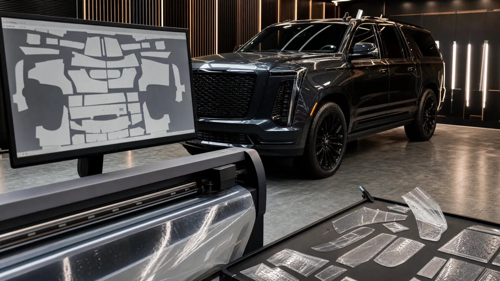 Cadillac Escalade около студии, на первом плане цифровой проект лекал и элементы подготовки к резке защитной пленки.