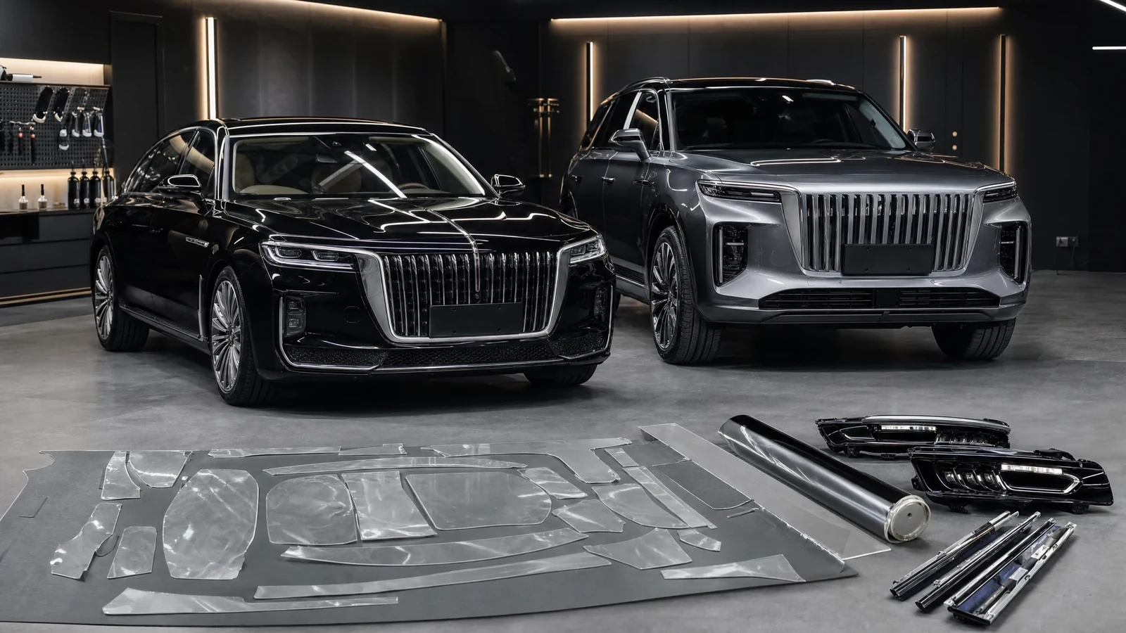 Премиальные автомобили Hongqi H9 и E-HS9 с демонстрацией лекал пленки для кузова и фар на нейтральном фоне, акцент на деталях защите.