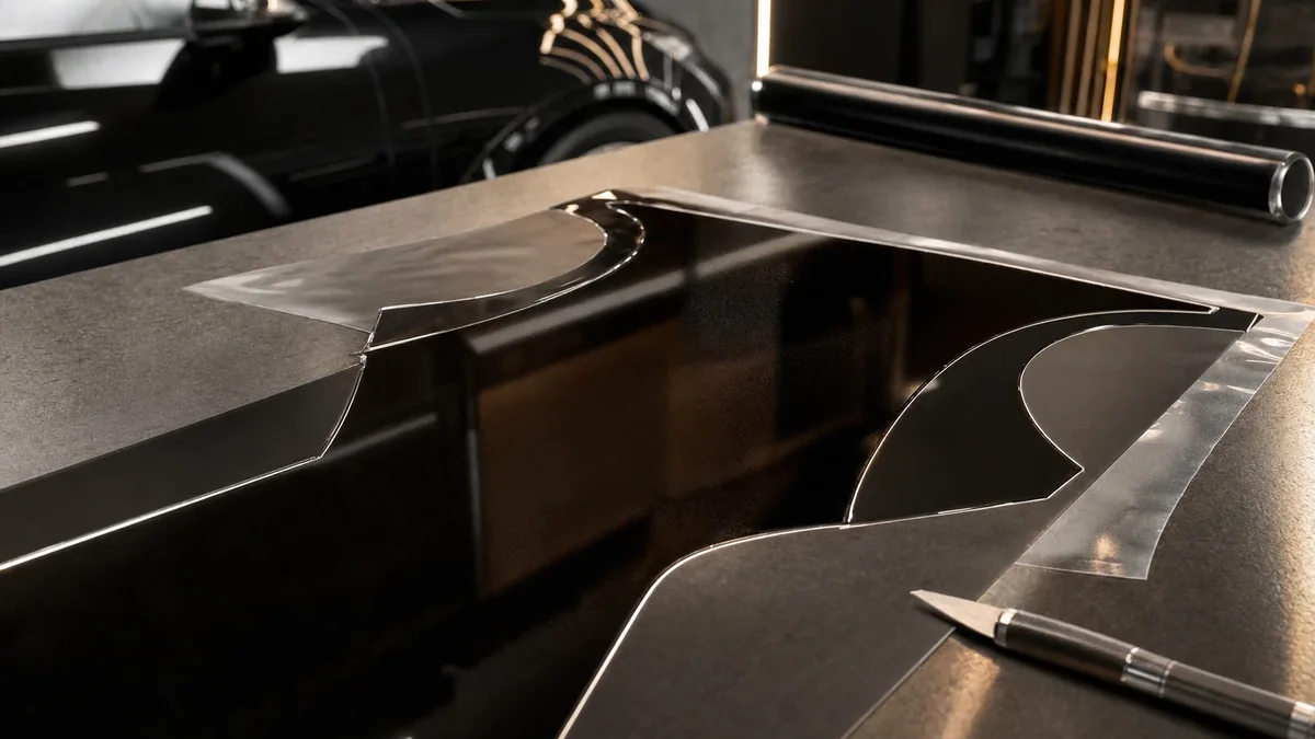 Макроснимок процесса резки пленки плоттером для изогнутой детали piano black, хорошо заметна структура пленки и линии выкройки