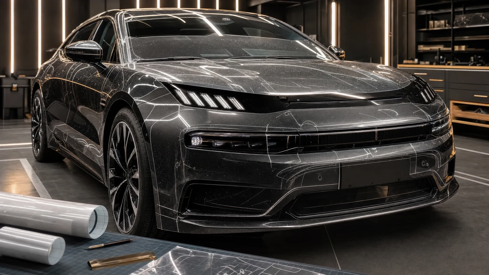 Современный автомобиль Zeekr на детейлинг-стенде крупным планом, фокус на подготовке поверхностей под пленку