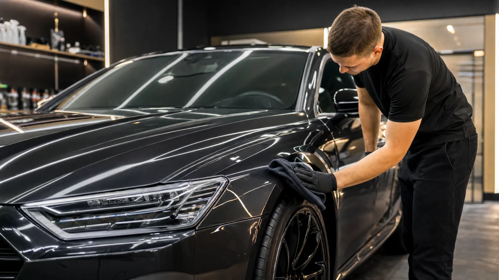 Автомобиль после монтажа PPF, специалист протирает плёнку мягкой салфеткой на мойке в студии