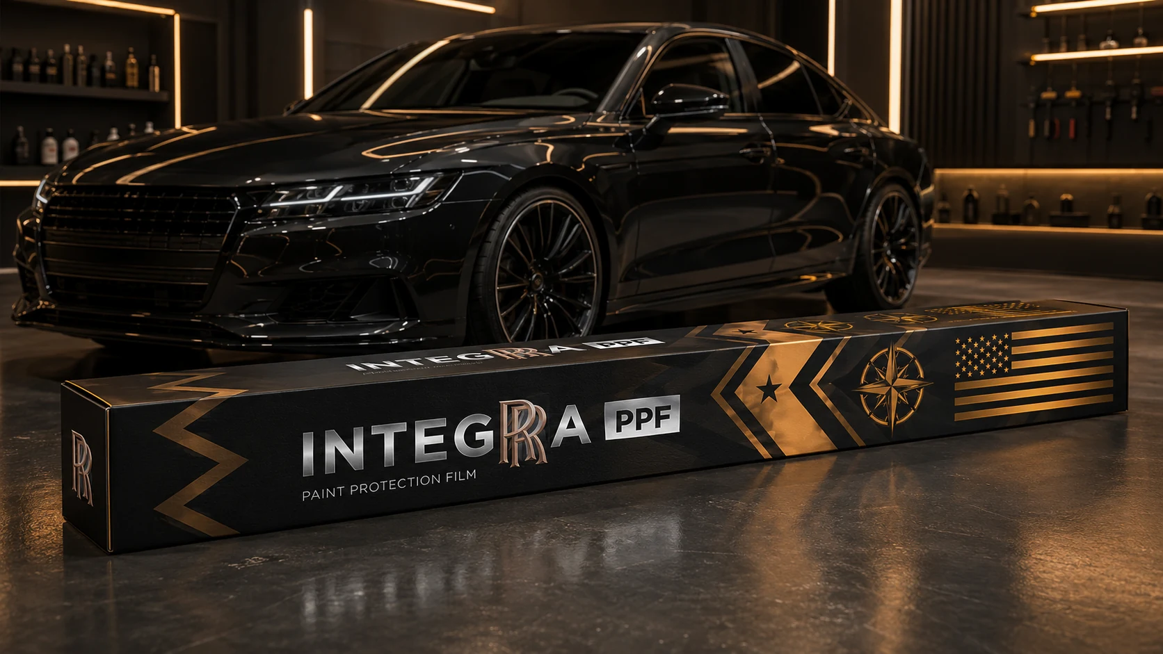 Автомобиль и фирменная упаковка защитной пленки INTEGRA PPF